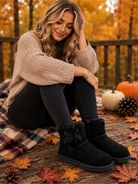 Ugg Women’s Black Mini Koolaburra Faux Fur Pom Bow Cozy Winter Fall Ankle Boots